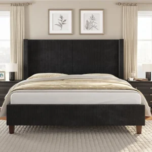 Queen Size Platform Bed Frame Corduroy Upholstered
